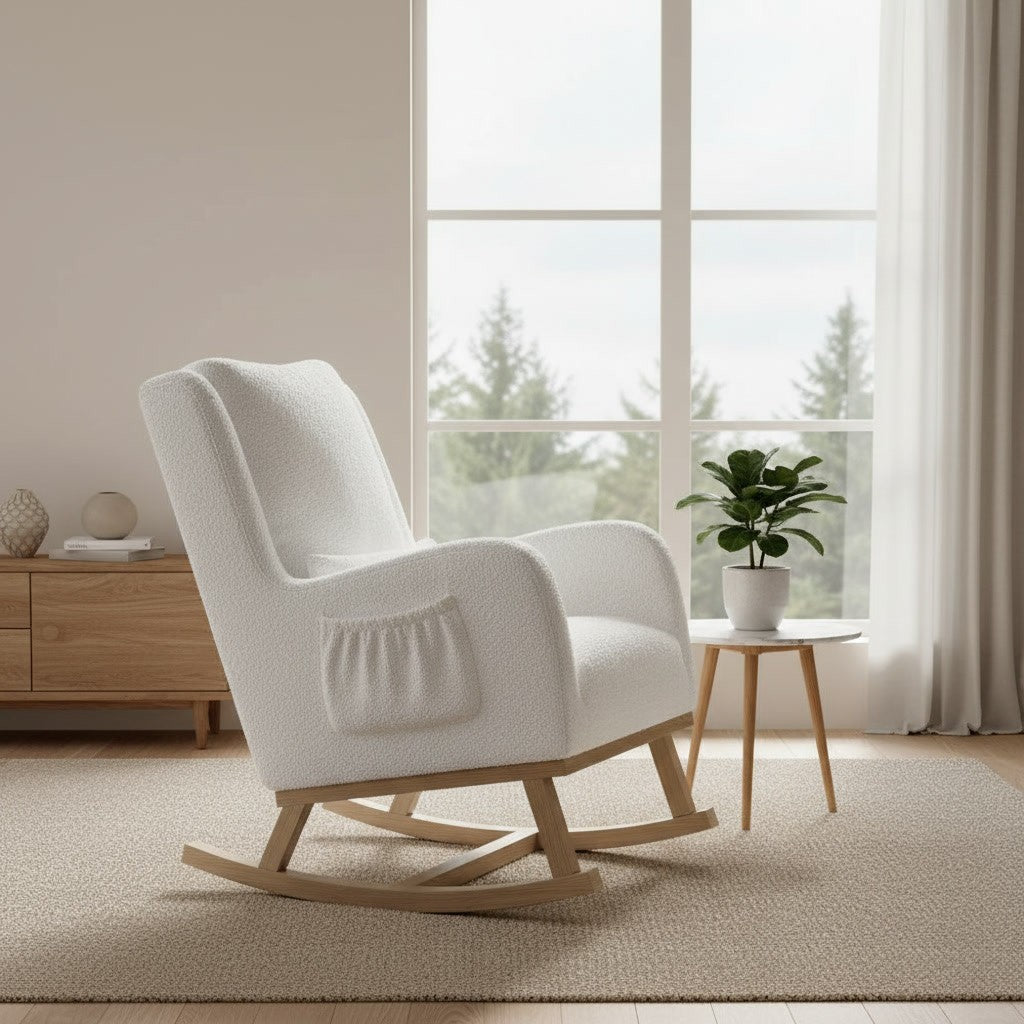 Fauteuil à Bascule Moderne en Tissu Teddy blanc teddy dans un salon scandinave lumineux