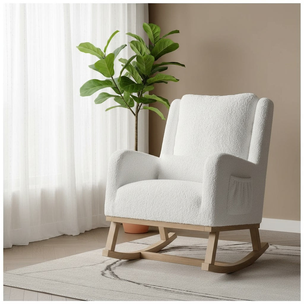 Fauteuil à Bascule Moderne en Tissu Teddy blanc teddy près d'une fenêtre