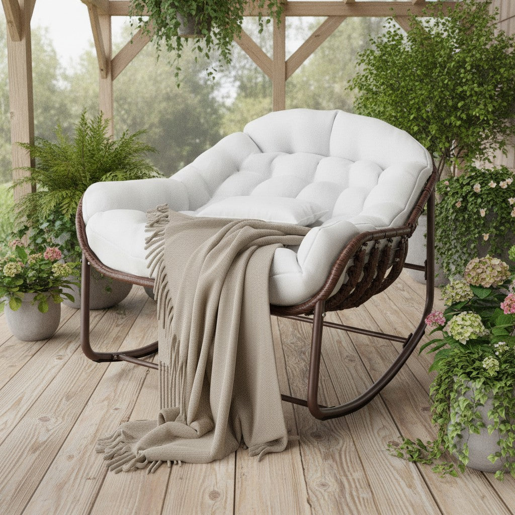 Fauteuil à Bascule Rotin Synthétique Forme Œuf blanc cassé sur une terrasse couverte