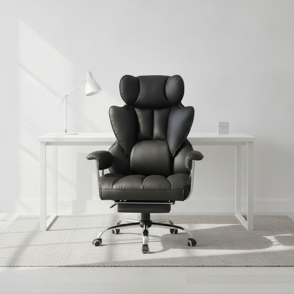 Fauteuil de Bureau Confortable avec Repose-Pieds noir (simili cuir) dans un bureau scandinave épuré