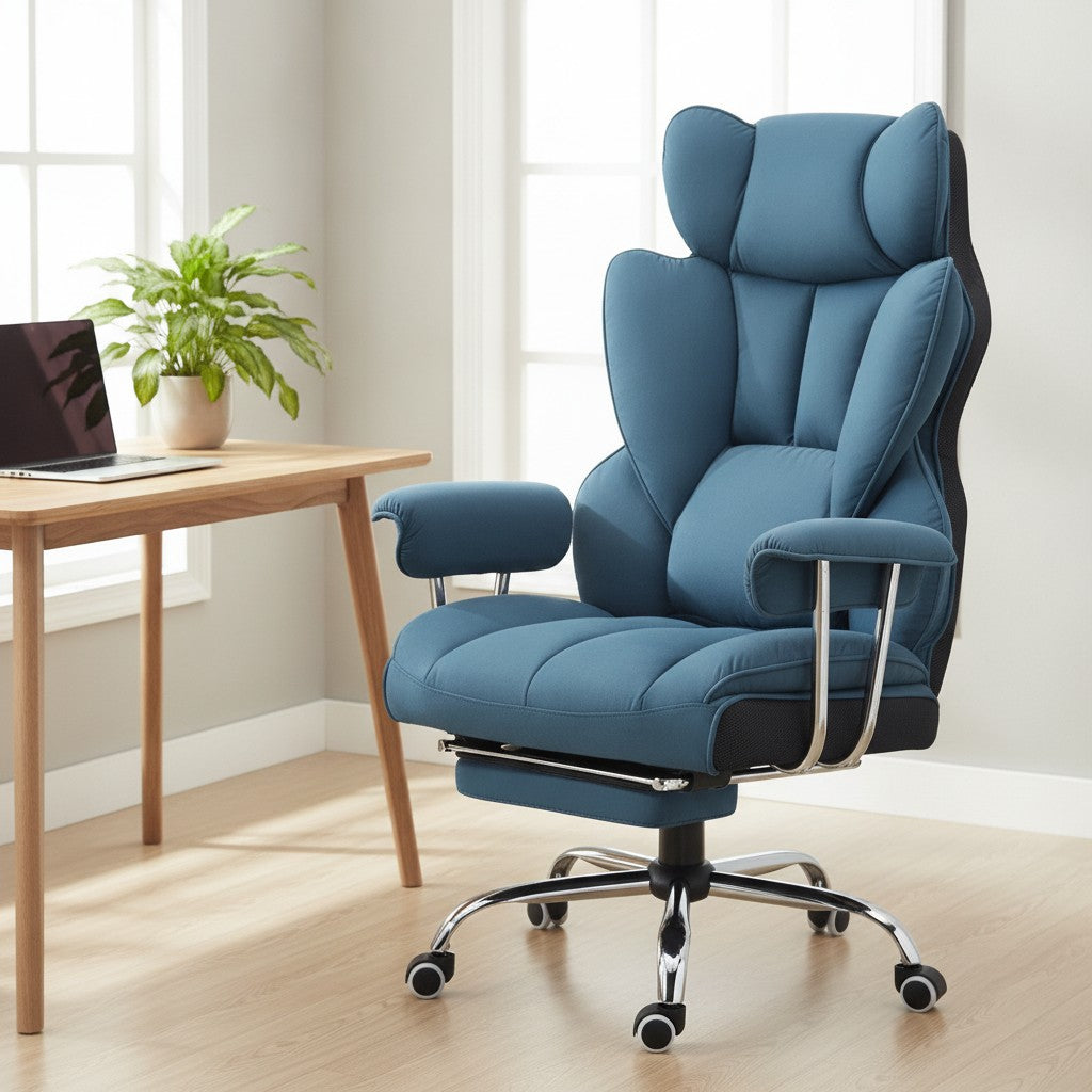 Fauteuil de Bureau Confortable avec Repose-Pieds bleu (tissu) dans un coin bureau lumineux
