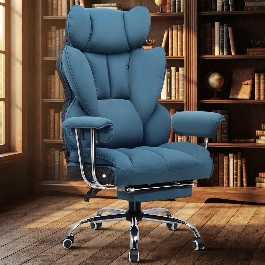 Fauteuil de Bureau Confortable avec Repose-Pieds bleu (tissu) dans un bureau avec bibliothèque