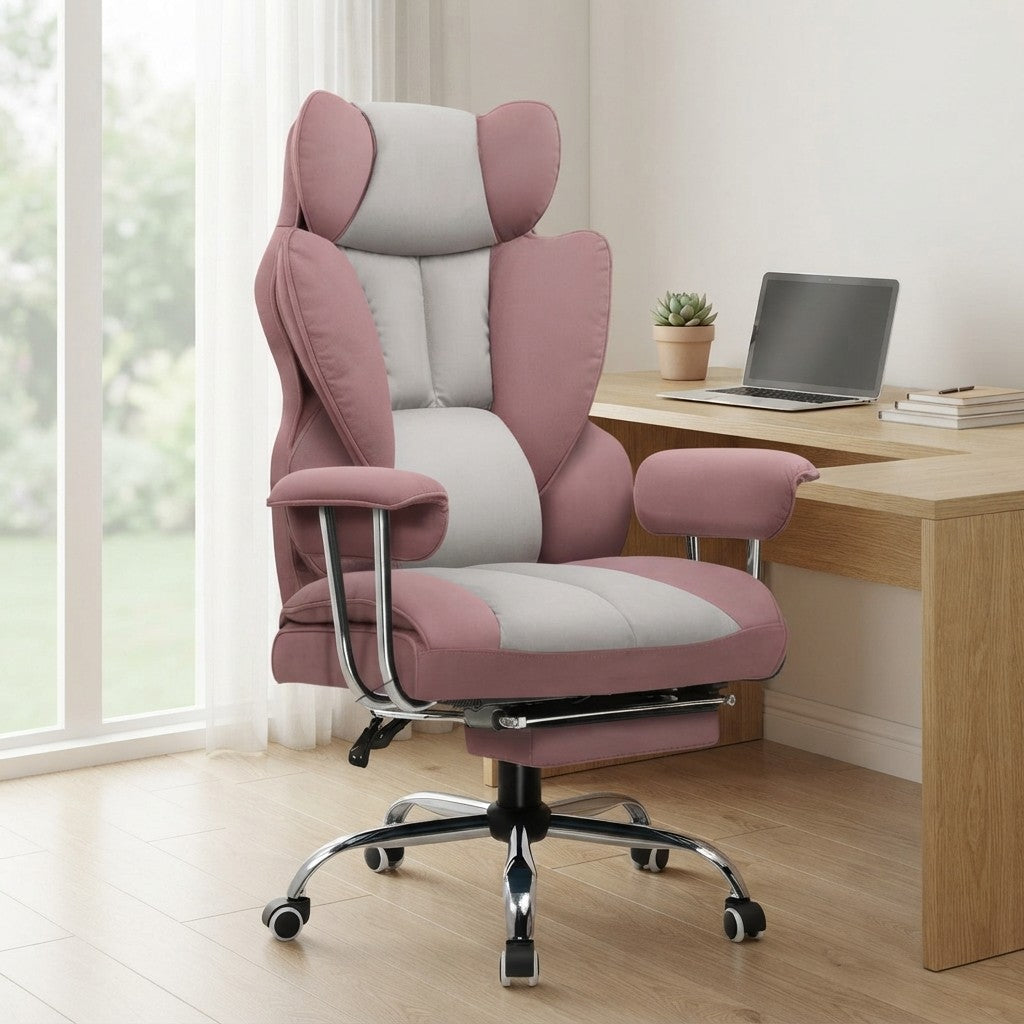 Fauteuil de Bureau Confortable avec Repose-Pieds rose (tissu) dans un coin bureau lumineux