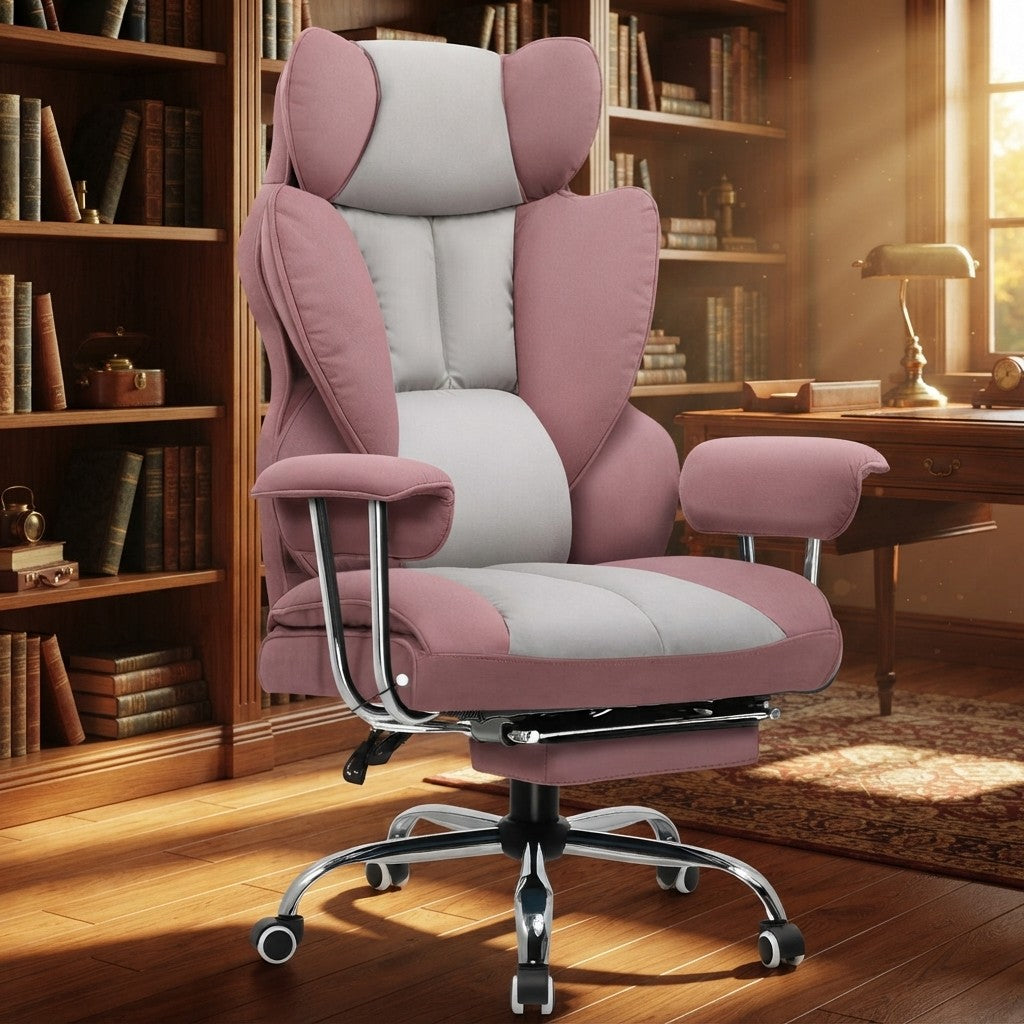 Fauteuil de Bureau Confortable avec Repose-Pieds rose (tissu) dans un bureau avec bibliothèque