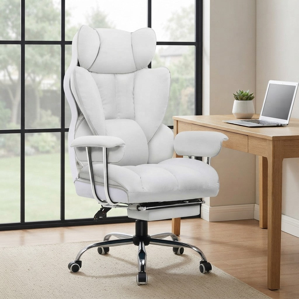 Fauteuil de Bureau Confortable avec Repose-Pieds blanc (simili cuir) dans un coin bureau lumineux