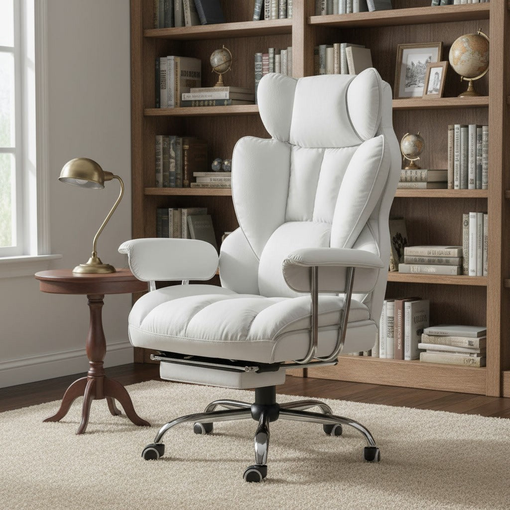 Fauteuil de Bureau Confortable avec Repose-Pieds blanc (simili cuir) dans un bureau avec bibliothèque