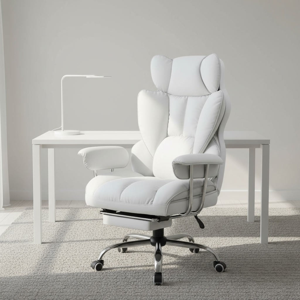 Fauteuil de Bureau Confortable avec Repose-Pieds blanc (simili cuir) dans un bureau scandinave épuré