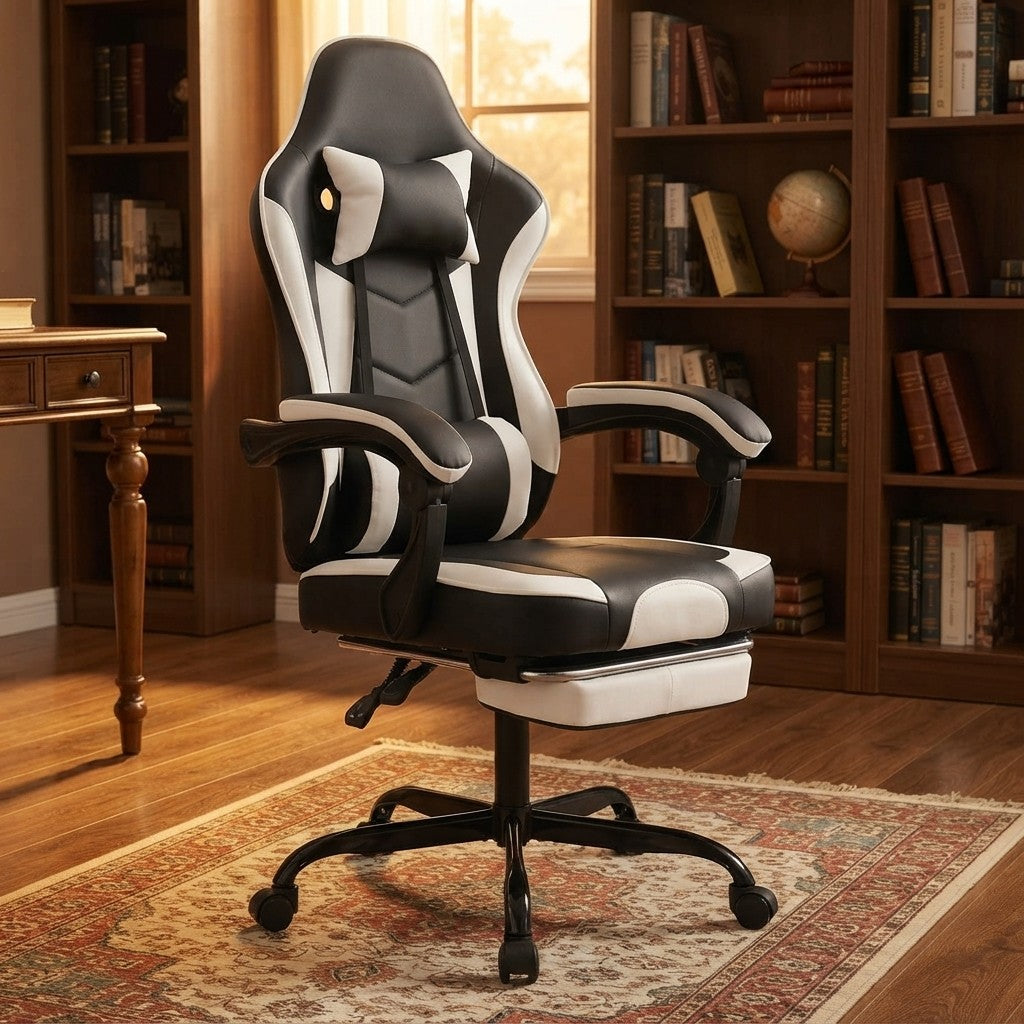 Fauteuil de Bureau Repose-Pied Dossier Inclinable noir et blanc dans un bureau avec bibliothèque