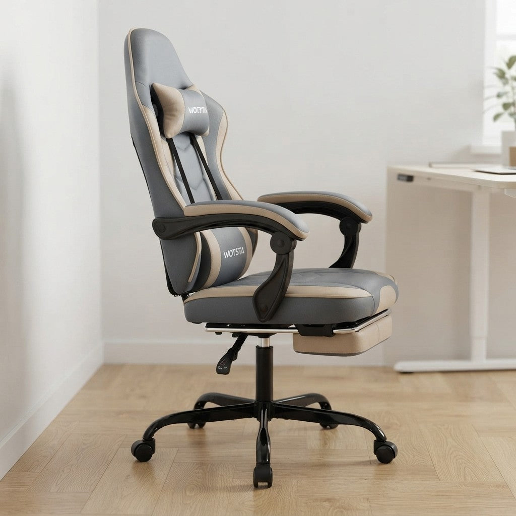 Fauteuil de Bureau Repose-Pied Dossier Inclinable bleu et beige dans un espace de travail moderne