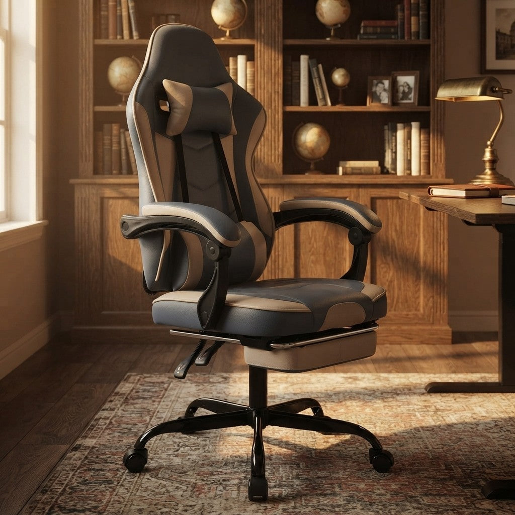 Fauteuil de Bureau Repose-Pied Dossier Inclinable bleu et beige dans un bureau avec bibliothèque