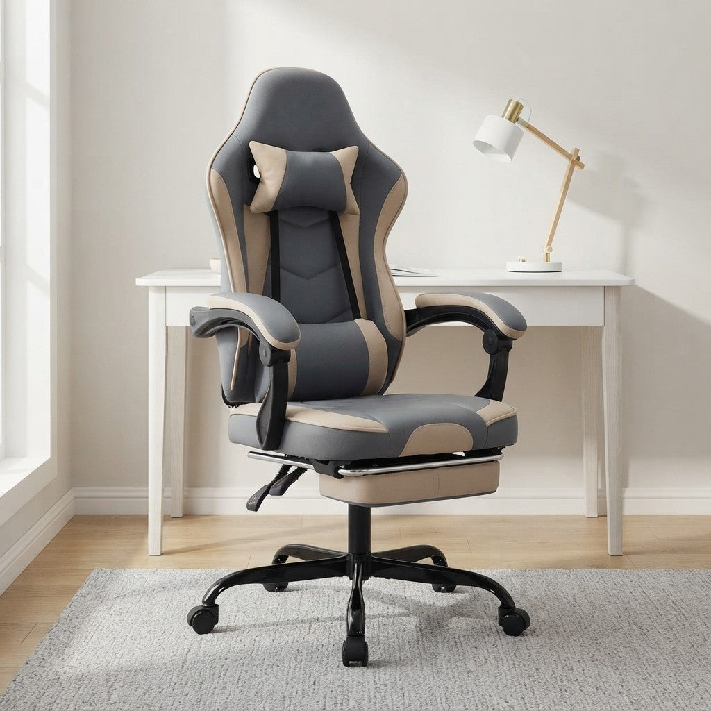 Fauteuil de Bureau Repose-Pied Dossier Inclinable bleu et beige dans un bureau scandinave épuré