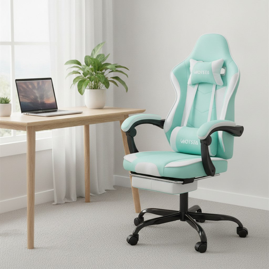 Fauteuil de Bureau Repose-Pied Dossier Inclinable vert dans un coin bureau lumineux