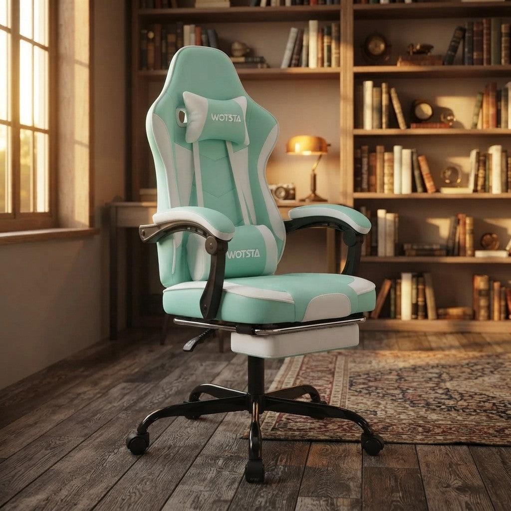 Fauteuil de Bureau Repose-Pied Dossier Inclinable vert dans un bureau avec bibliothèque