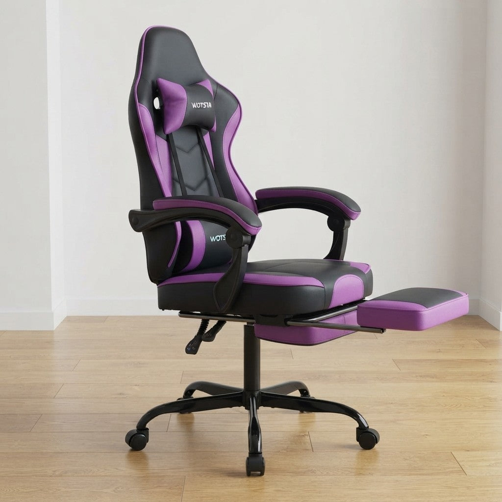 Fauteuil de Bureau Repose-Pied Dossier Inclinable noir et violet dans un espace de travail moderne