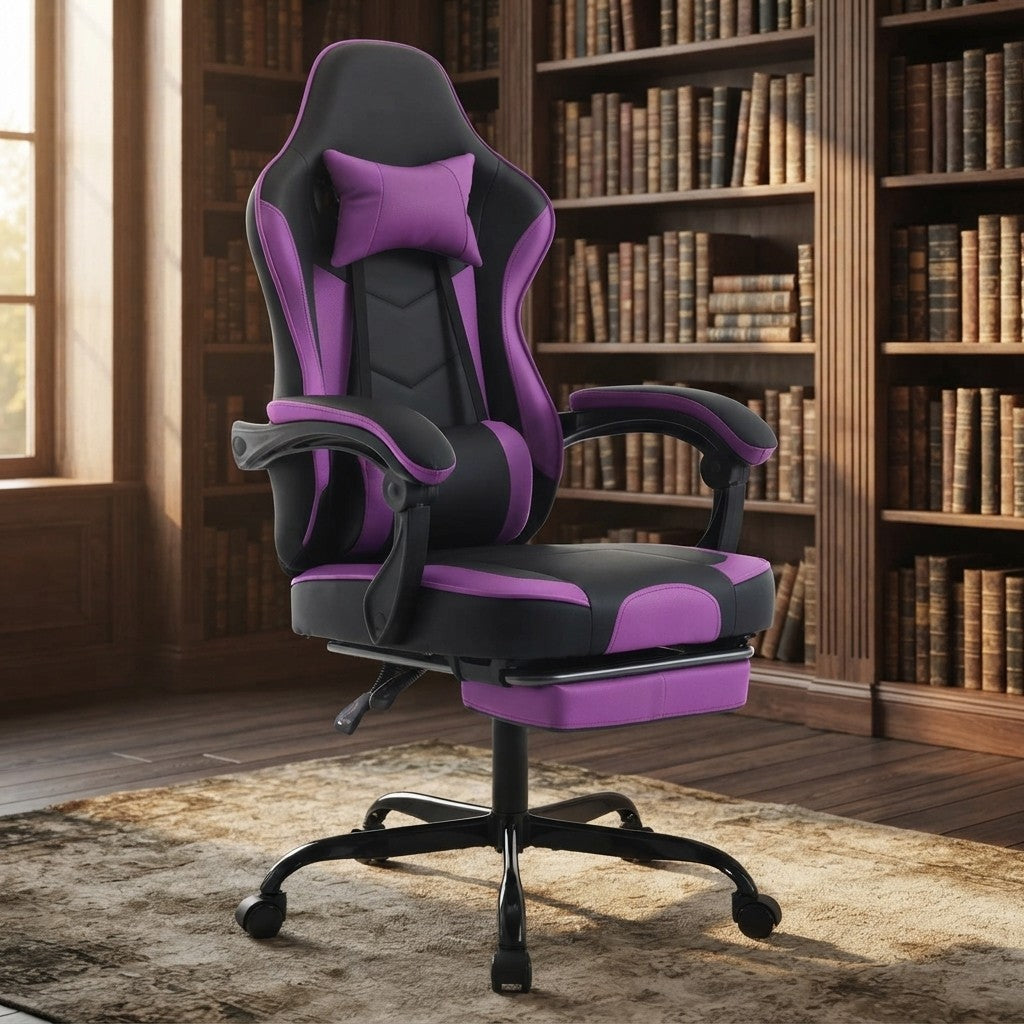 Fauteuil de Bureau Repose-Pied Dossier Inclinable noir et violet dans un bureau avec bibliothèque