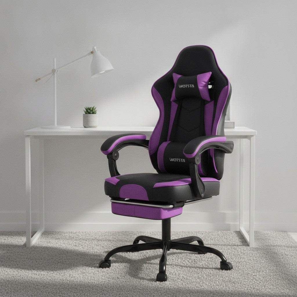 Fauteuil de Bureau Repose-Pied Dossier Inclinable noir et violet dans un bureau scandinave épuré