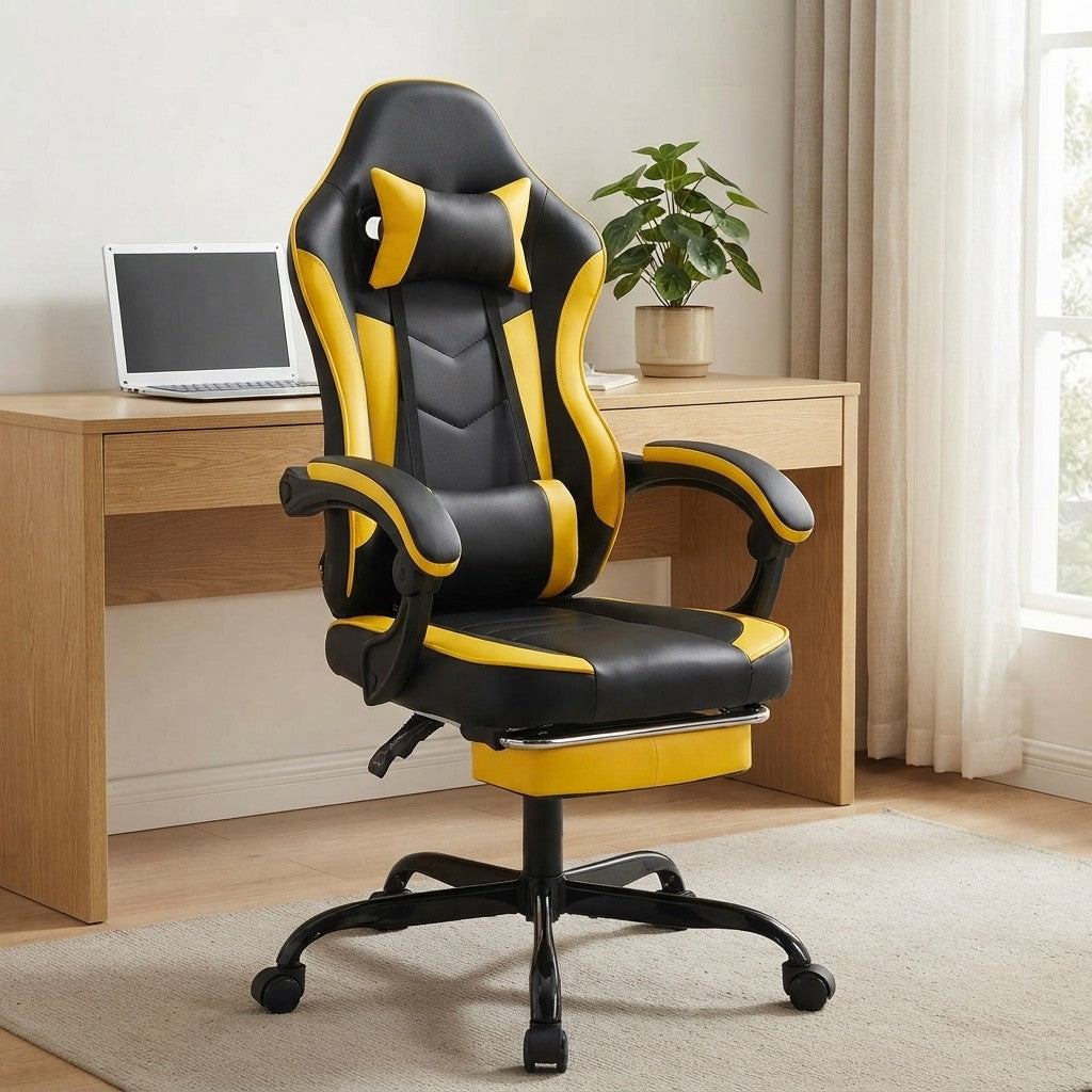 Fauteuil de Bureau Repose-Pied Dossier Inclinable noir et jaune dans un coin bureau lumineux