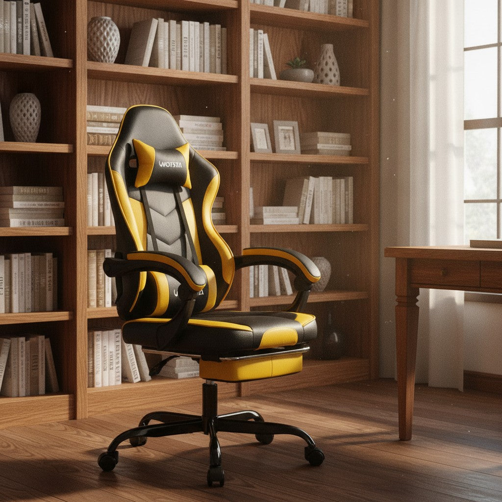 Fauteuil de Bureau Repose-Pied Dossier Inclinable noir et jaune dans un bureau avec bibliothèque