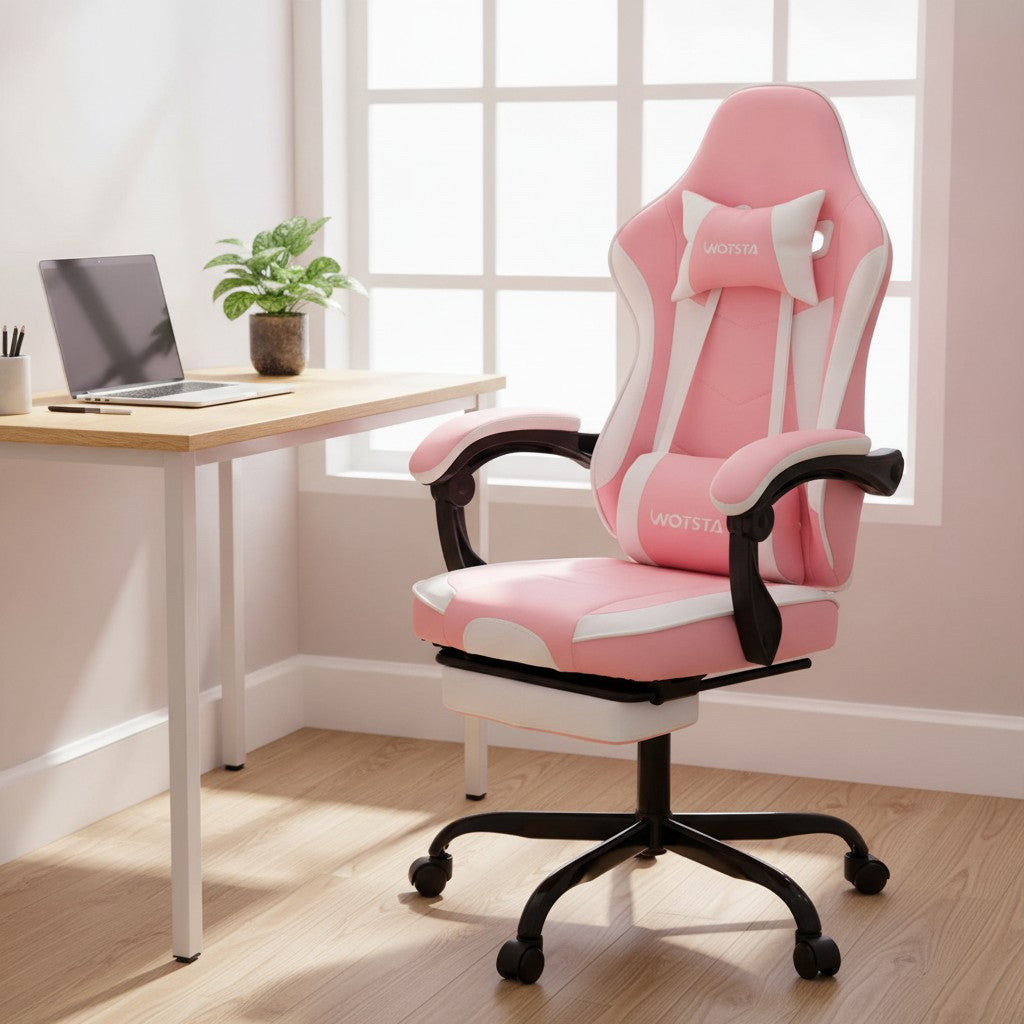 Fauteuil de Bureau Repose-Pied Dossier Inclinable rose et blanc dans un coin bureau lumineux