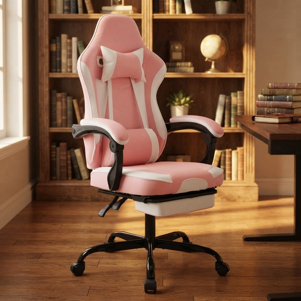 Fauteuil de Bureau Repose-Pied Dossier Inclinable rose et blanc dans un bureau avec bibliothèque