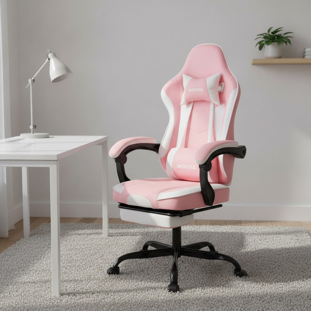 Fauteuil de Bureau Repose-Pied Dossier Inclinable rose et blanc dans un bureau scandinave épuré