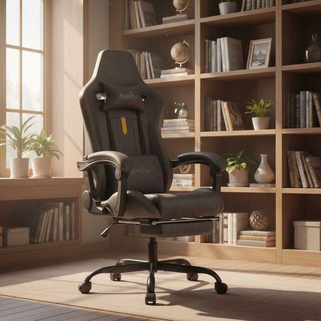 Fauteuil Ergonomique avec Soutien Lombaire gris dans un bureau avec bibliothèque