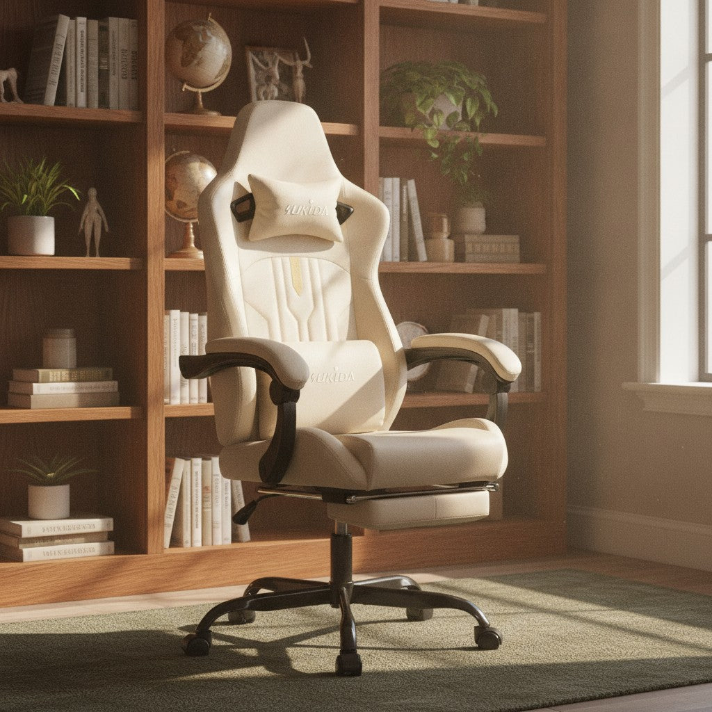 Fauteuil Ergonomique avec Soutien Lombaire beige dans un bureau avec bibliothèque
