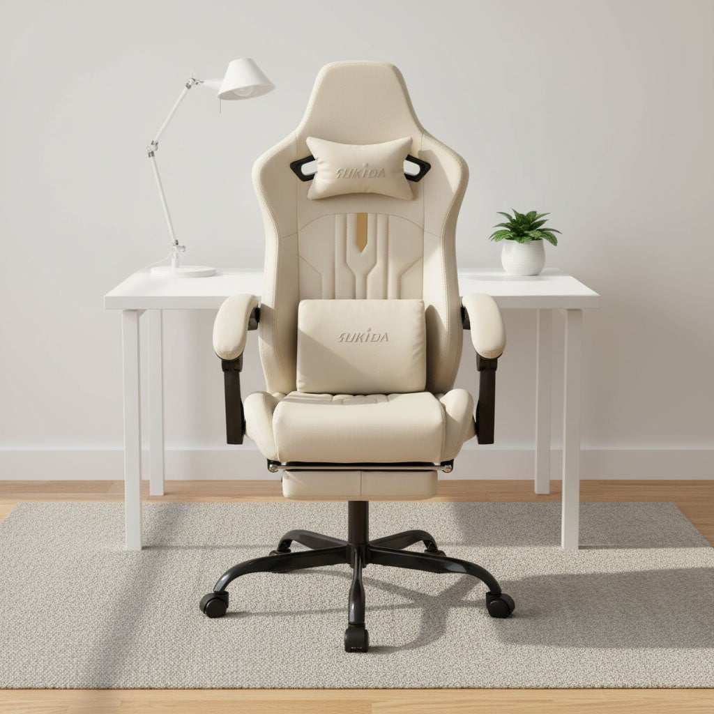 Fauteuil Ergonomique avec Soutien Lombaire beige dans un bureau scandinave épuré