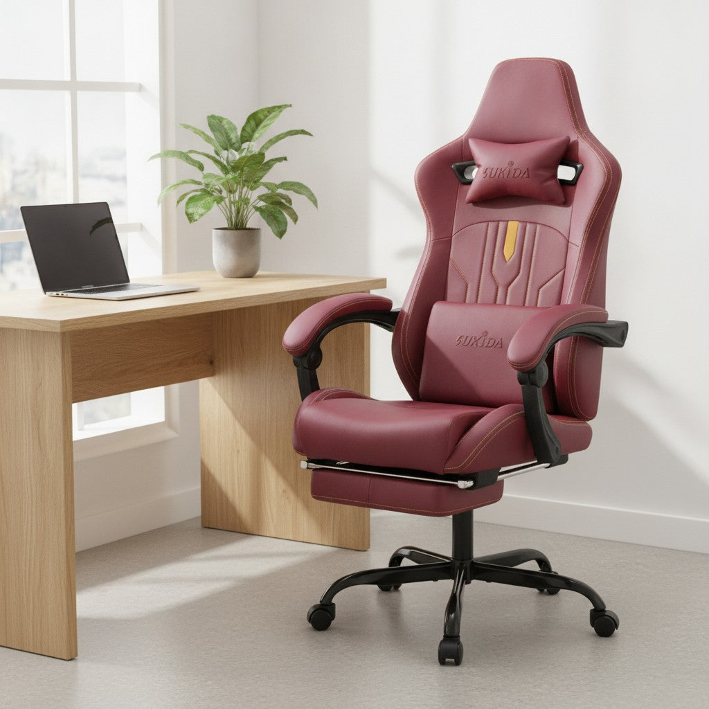 Fauteuil Ergonomique avec Soutien Lombaire bordeaux dans un coin bureau lumineux