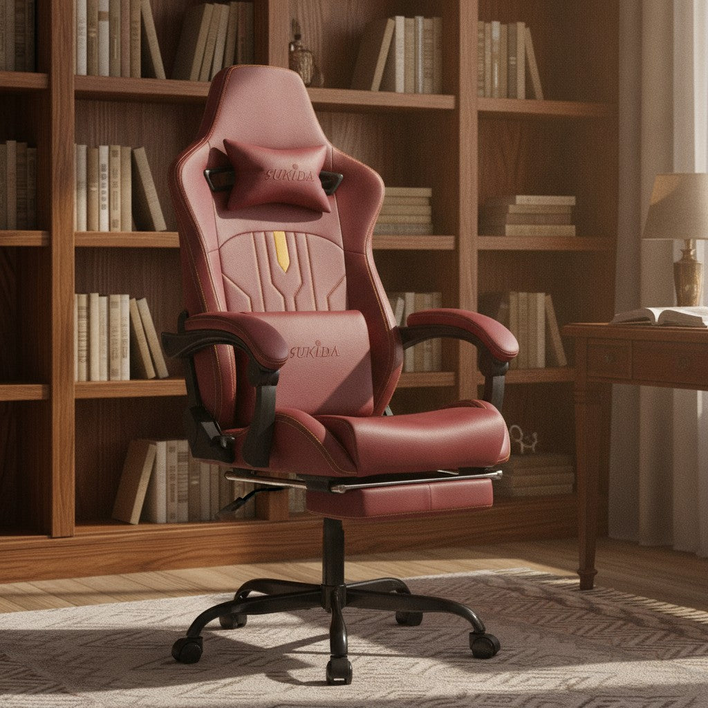 Fauteuil Ergonomique avec Soutien Lombaire bordeaux dans un bureau avec bibliothèque