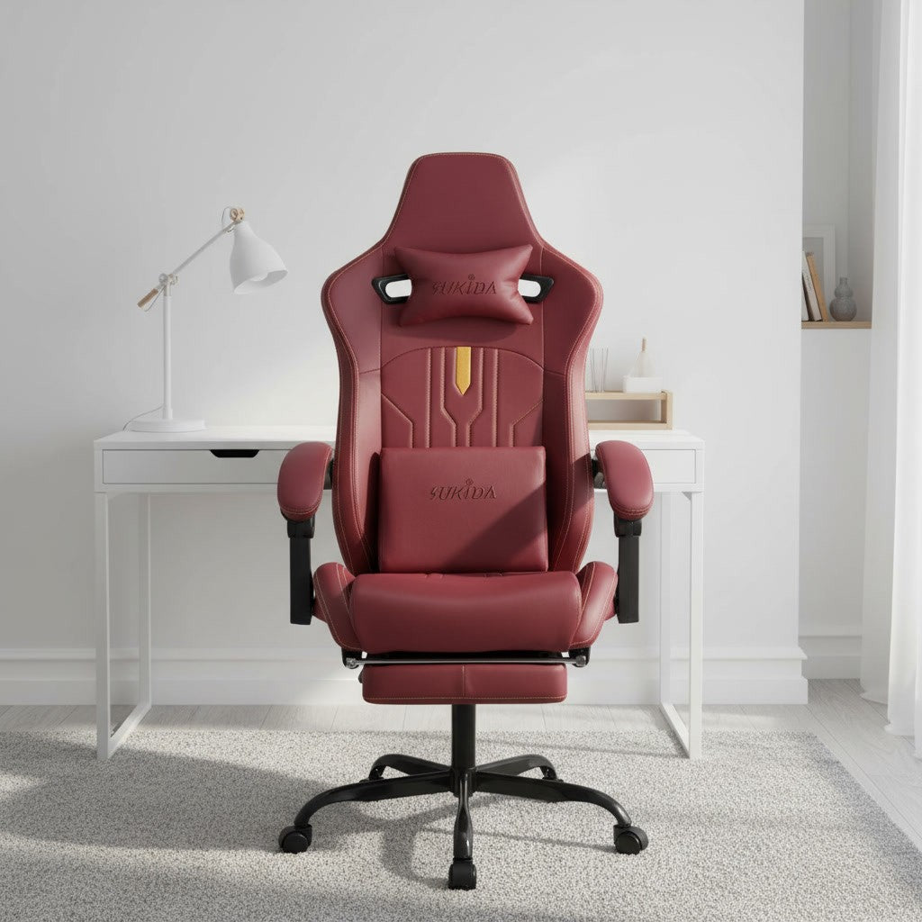 Fauteuil Ergonomique avec Soutien Lombaire bordeaux dans un bureau scandinave épuré
