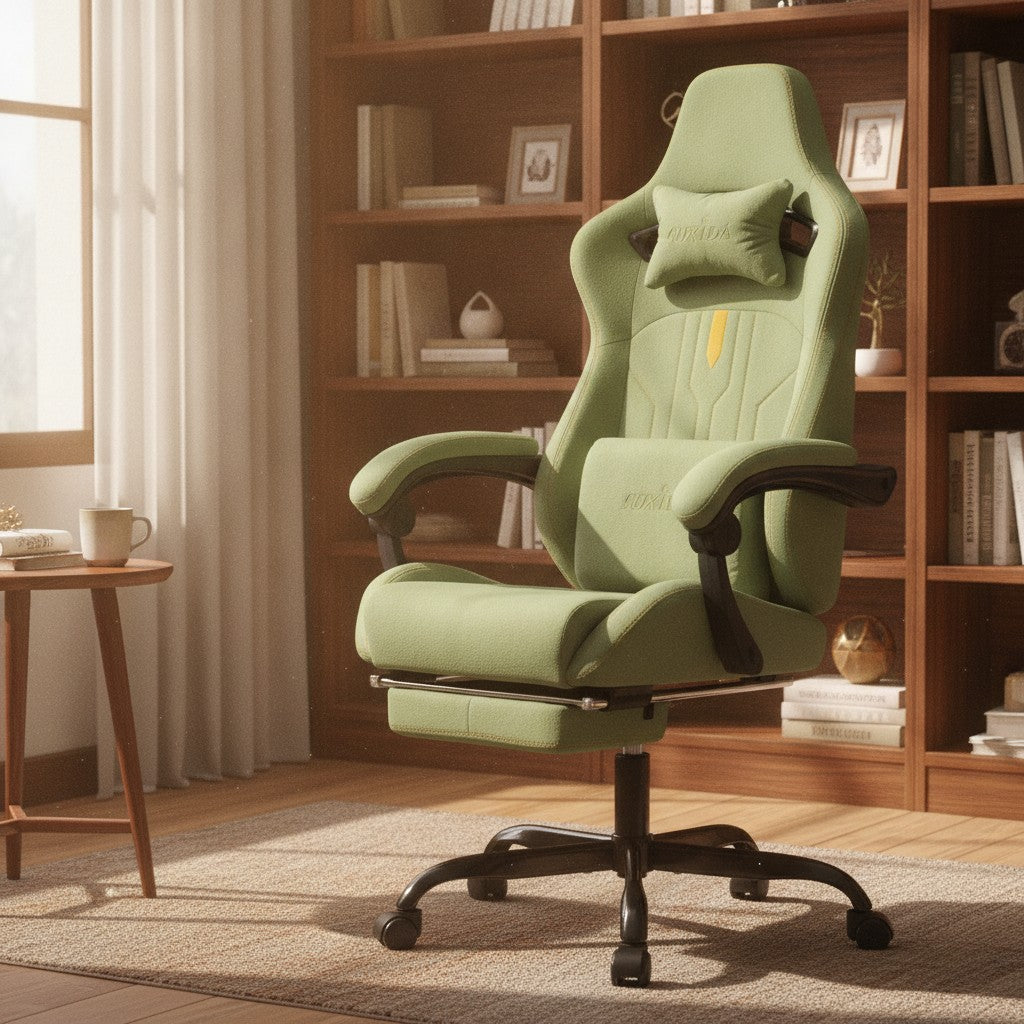 Fauteuil Ergonomique avec Soutien Lombaire vert dans un bureau avec bibliothèque
