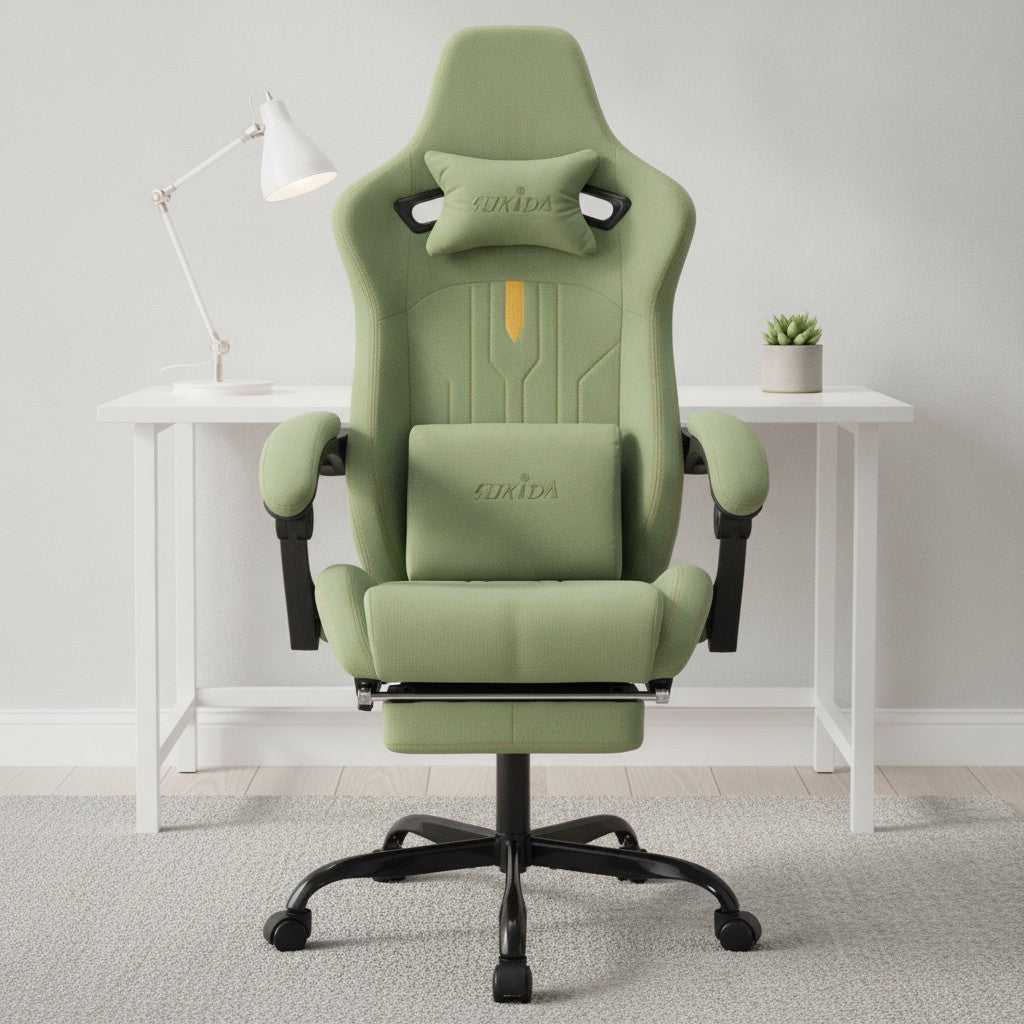 Fauteuil Ergonomique avec Soutien Lombaire vert dans un bureau scandinave épuré
