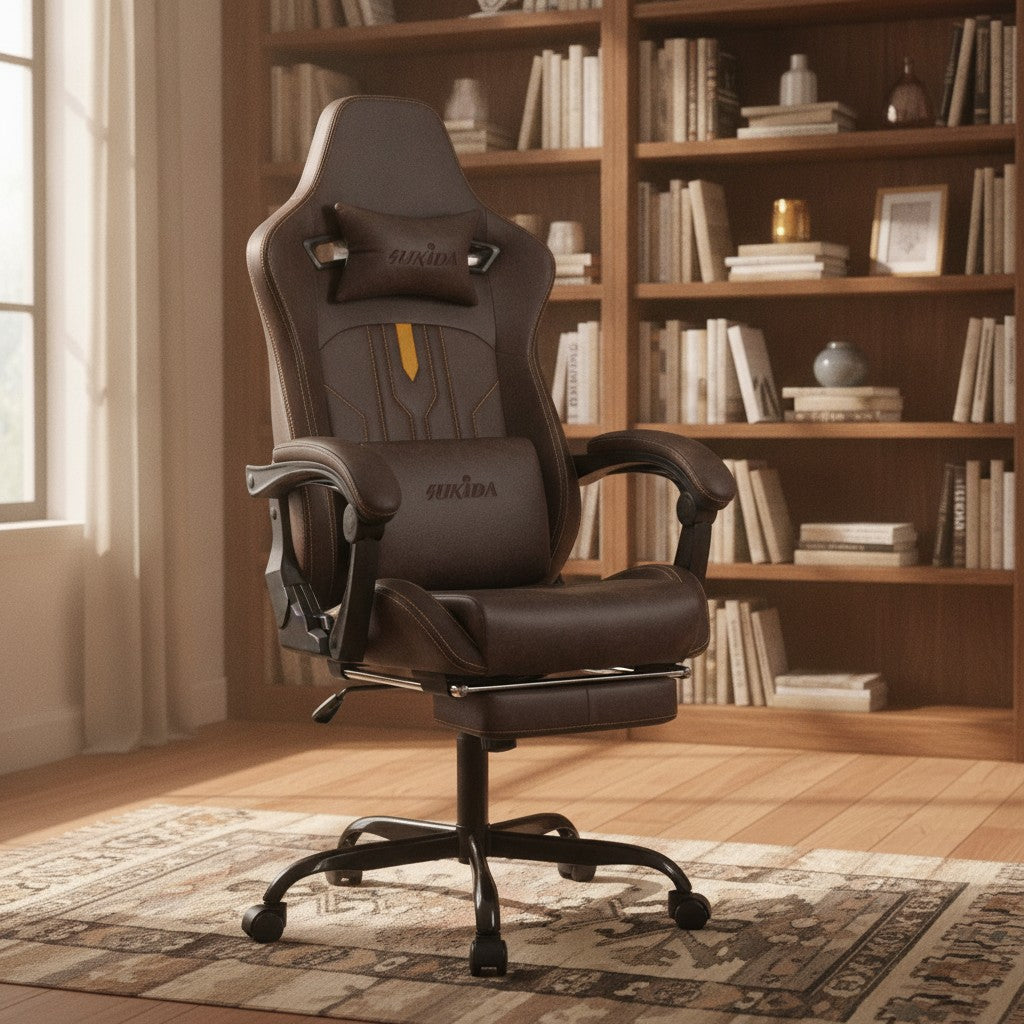 Fauteuil Ergonomique avec Soutien Lombaire marron dans un bureau avec bibliothèque