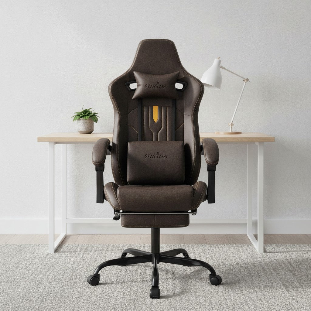 Fauteuil Ergonomique avec Soutien Lombaire marron dans un bureau scandinave épuré