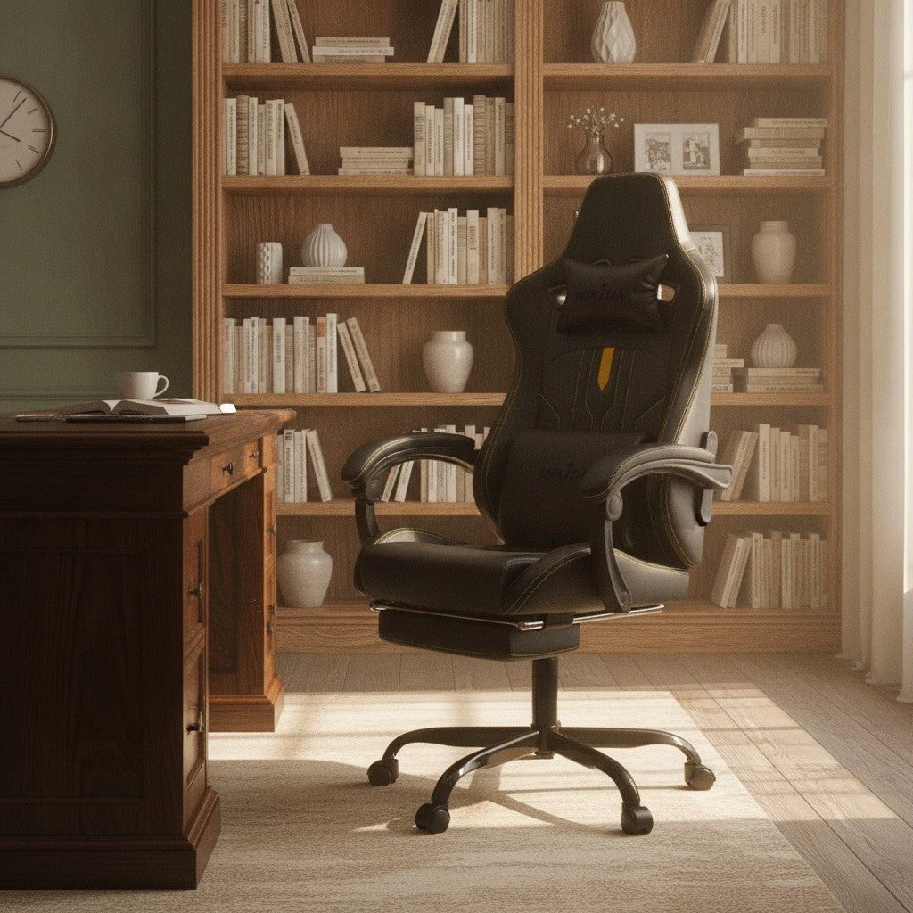 Fauteuil Ergonomique avec Soutien Lombaire noir dans un bureau avec bibliothèque