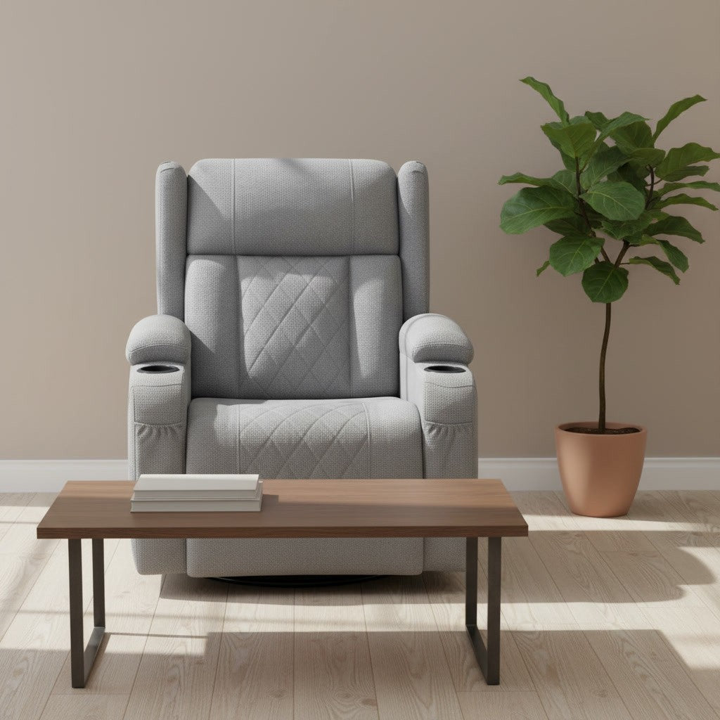 Fauteuil Relax Pivotant 360° avec Porte-Gobelet gris (tissu) dans un salon moderne