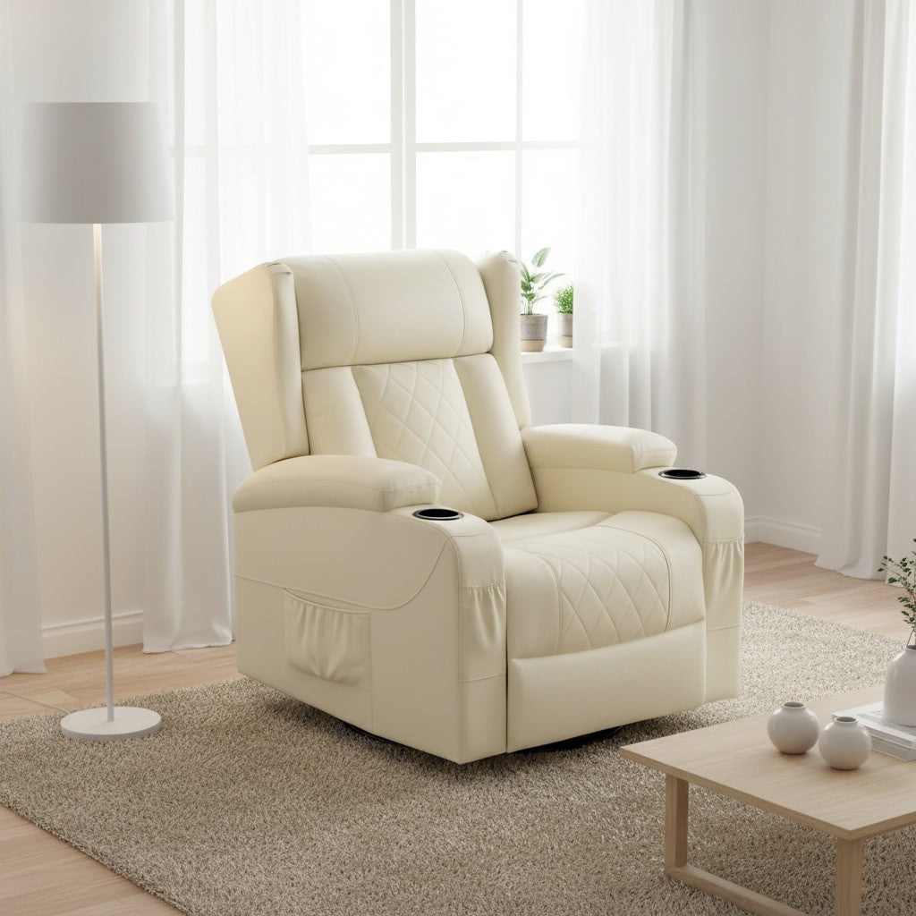 Fauteuil Relax Pivotant 360° avec Porte-Gobelet beige (simili cuir) dans un salon scandinave lumineux
