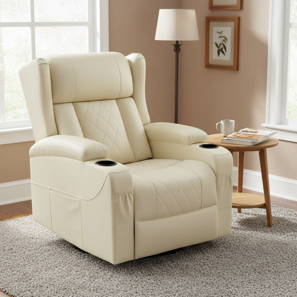 Fauteuil Relax Pivotant 360° avec Porte-Gobelet beige (simili cuir) dans un salon chaleureux