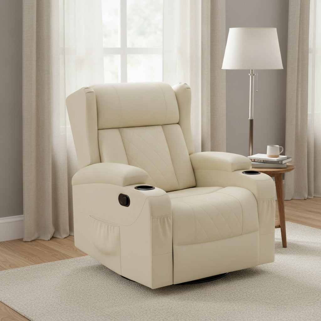 Fauteuil Relax Pivotant 360° avec Porte-Gobelet beige (simili cuir) dans un coin lecture de chambre