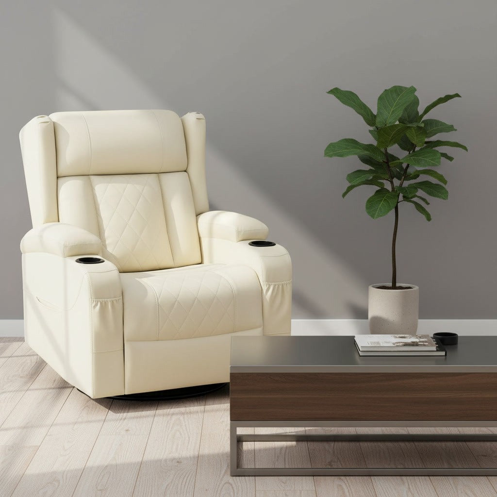 Fauteuil Relax Pivotant 360° avec Porte-Gobelet beige (simili cuir) dans un salon moderne