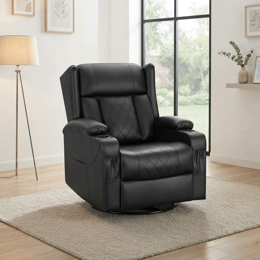 Fauteuil Relax Pivotant 360° avec Porte-Gobelet noir (simili cuir) dans un salon scandinave lumineux