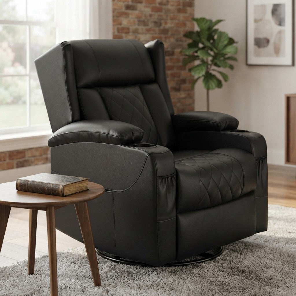 Fauteuil Relax Pivotant 360° avec Porte-Gobelet noir (simili cuir) dans un salon chaleureux