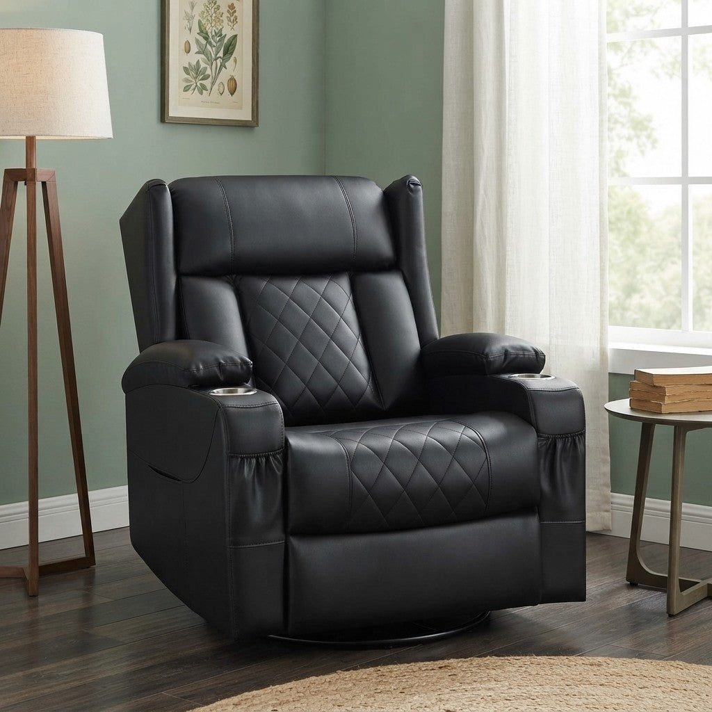 Fauteuil Relax Pivotant 360° avec Porte-Gobelet noir (simili cuir) dans un coin lecture de chambre