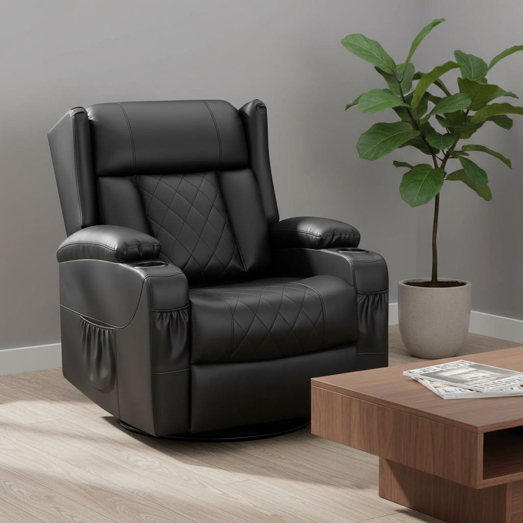 Fauteuil Relax Pivotant 360° avec Porte-Gobelet noir (simili cuir) dans un salon moderne
