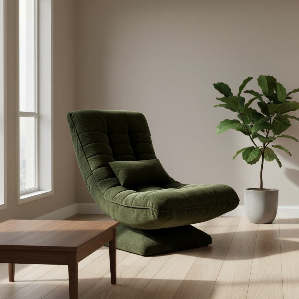 Fauteuil Relax Velours Côtelé Inclinable et Pivotant vert foncé dans un salon moderne