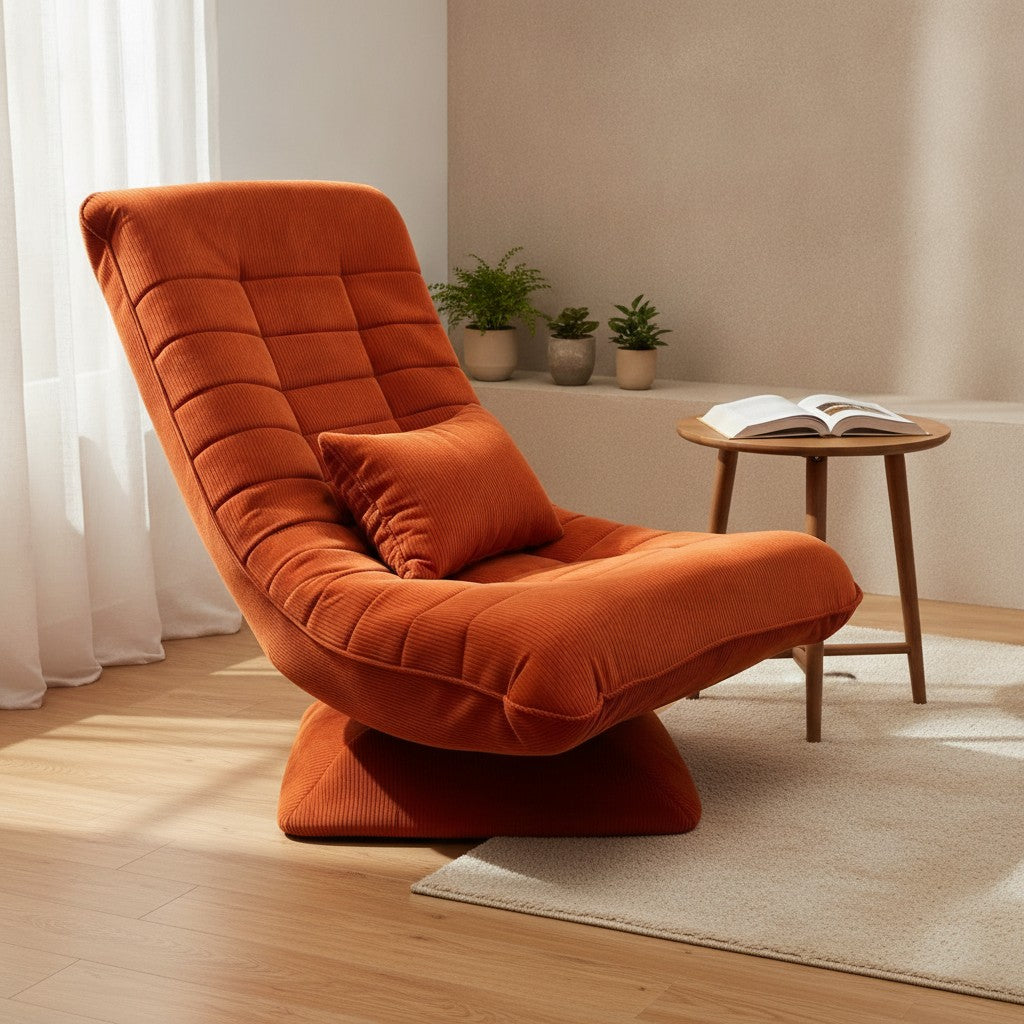 Fauteuil Relax Velours Côtelé Inclinable et Pivotant orange dans un salon chaleureux