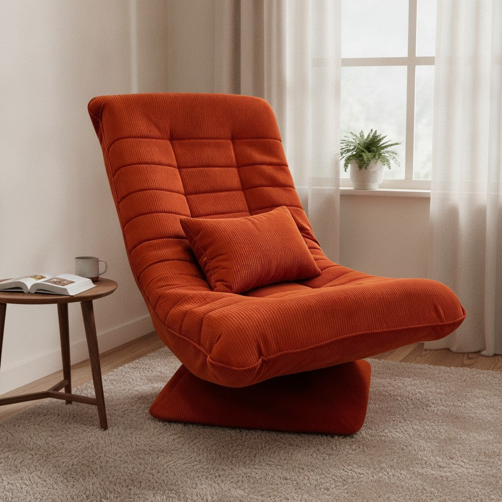 Fauteuil Relax Velours Côtelé Inclinable et Pivotant orange dans un coin lecture de chambre