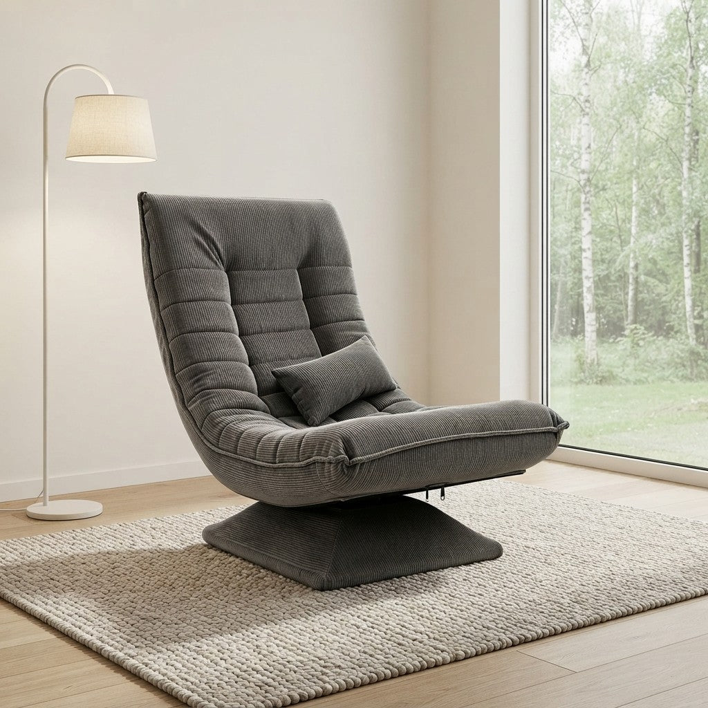 Fauteuil Relax Velours Côtelé Inclinable et Pivotant gris clair dans un salon scandinave lumineux