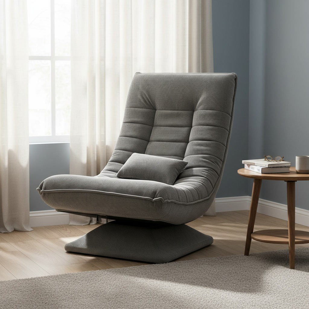 Fauteuil Relax Velours Côtelé Inclinable et Pivotant gris clair dans un coin lecture de chambre